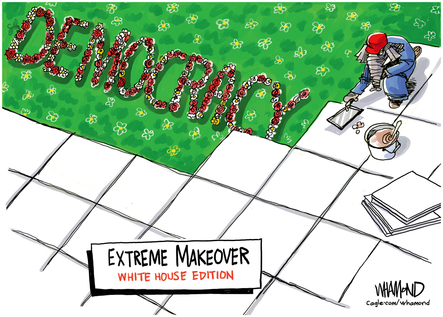 This political cartoon is titled “Extreme Makeover: White House Edition”. It shows an elephant in a MAGA hat paving over the Rose Garden at the White House. The roses being paved over spell out “Democracy.”