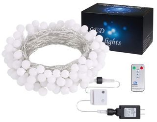 A string of LED globe lights, an outlet, remote and box. 