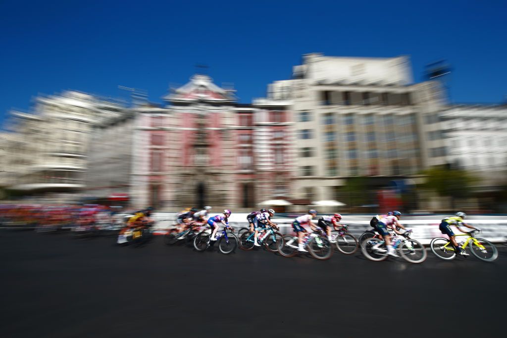 MADRID SPAIN SEPTEMBER 11 Lucinda Brand of Netherlands and Team Trek Segafredo Polka Dot Mountain Jersey C and a general view of the peloton competing during the 8th Ceratizit Challenge By La Vuelta 2022 Stage 5 a 957km stage from Madrid to Madrid CERATIZITChallenge22 UCIWWT on on September 11 2022 in Madrid Spain Photo by Justin SetterfieldGetty Images