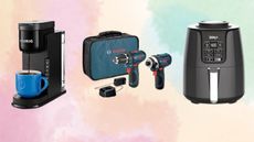 Amazon Warehouse collage with kitchen items including black Keurig coffee maker with blue mug, Bosch drill set in teal, and black Ninja airfryer