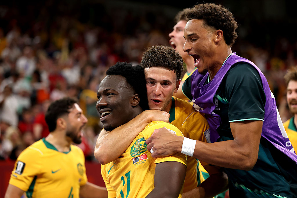 Australia celebrate Nestory Irankunda's opener against Turkiye