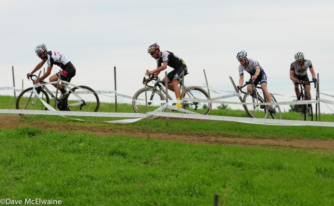 Justin Lindine (Redline/ NBX) leading Johnson, Hyde, and Gagne across the top of the course