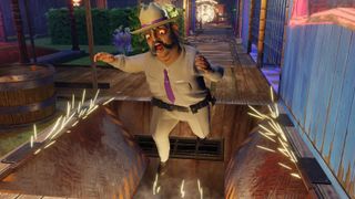 A sheriff falling into a trap in a theme park