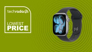 The Apple Watch Series 11 on a green background with text saying Lowest Price.
