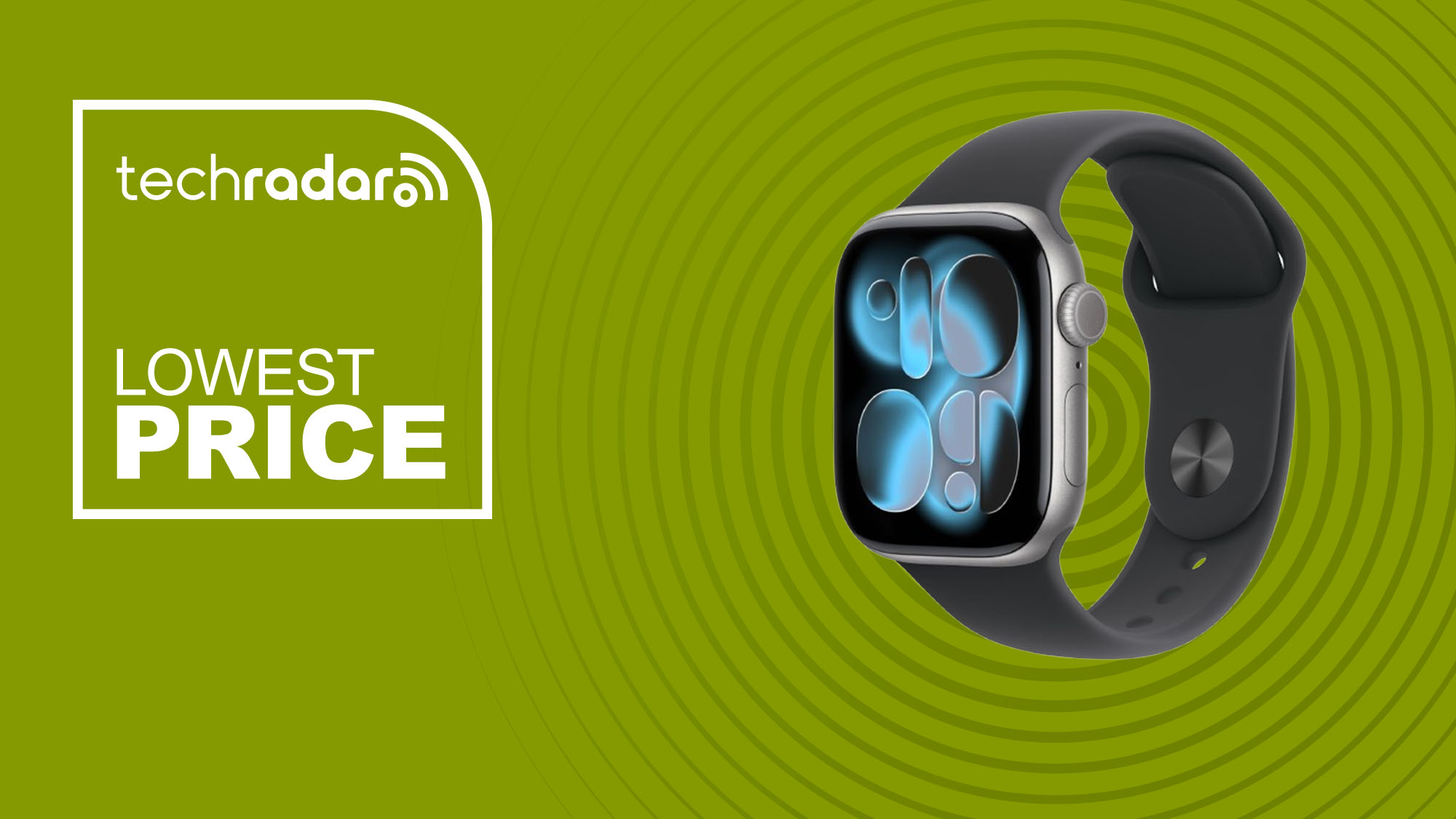 The Apple Watch Series 11 on a green background with text saying Lowest Price.