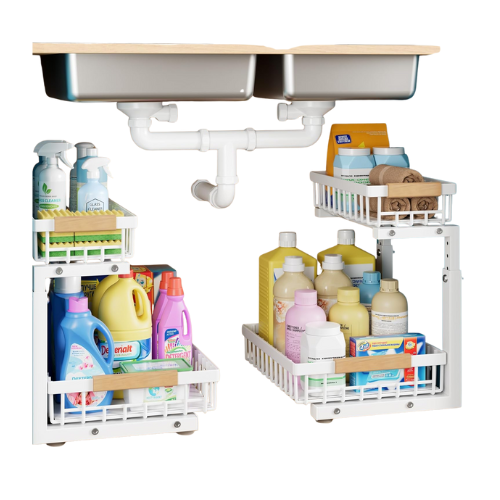 Under Sink Storage Metal 2 Packs, 2 Tier Under Sink Organiser- Upgraded 3.0 Version, Sliding Kitchen Storage &amp;amp; Organisation Multi-Purpose Pull Out Cupboard Organiser for Kitchen, Bathroom(white)