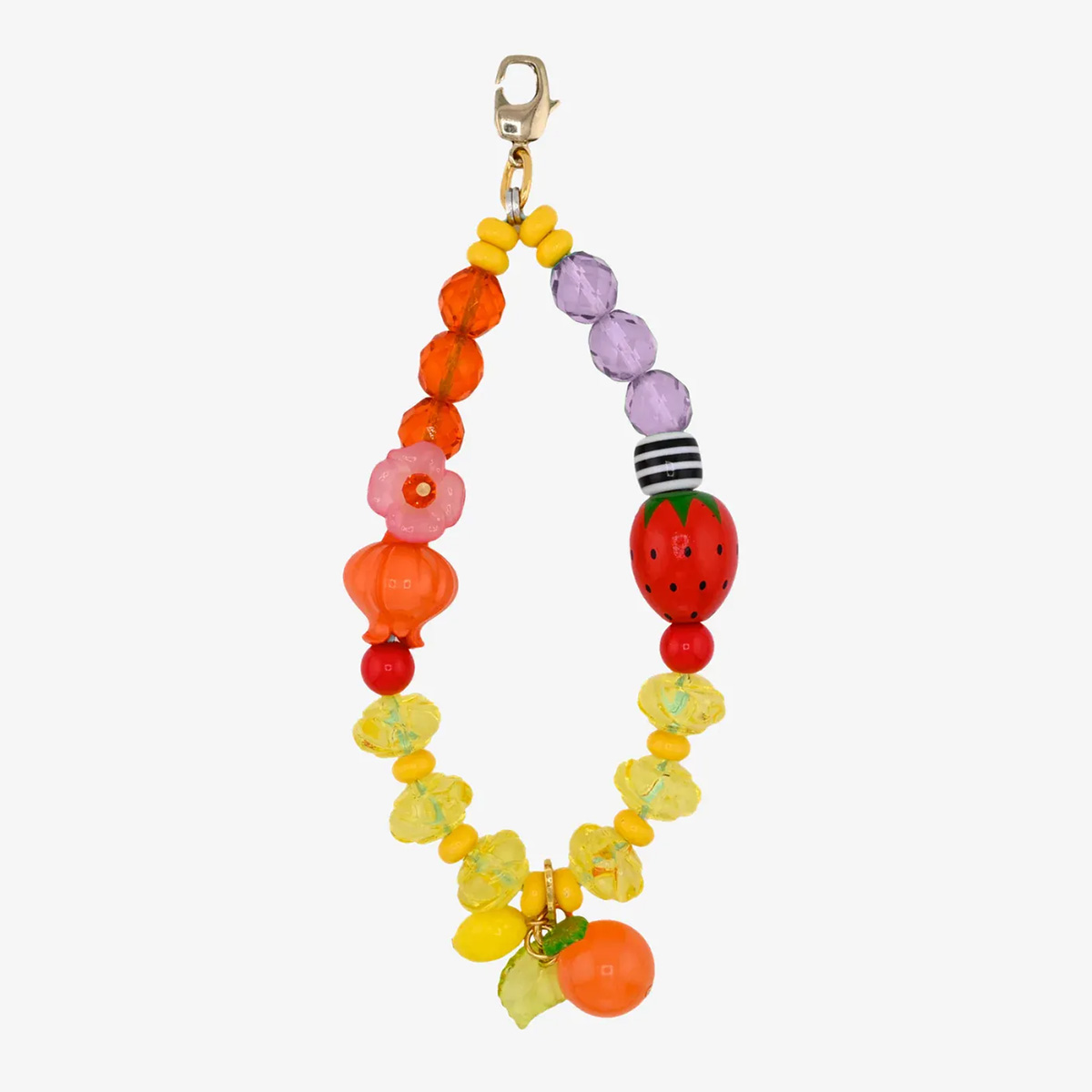 A fruit-themed Tarina Tarantino phone bracelet with strawberry and orange charms