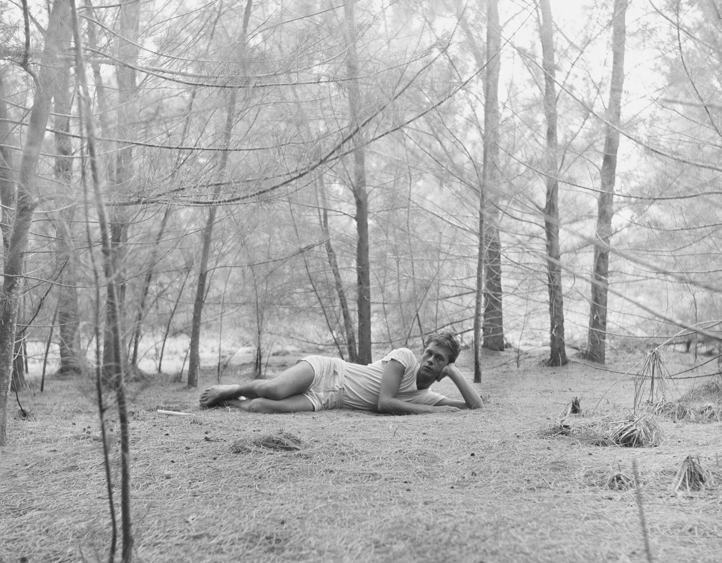 photograph of man lying down in woods