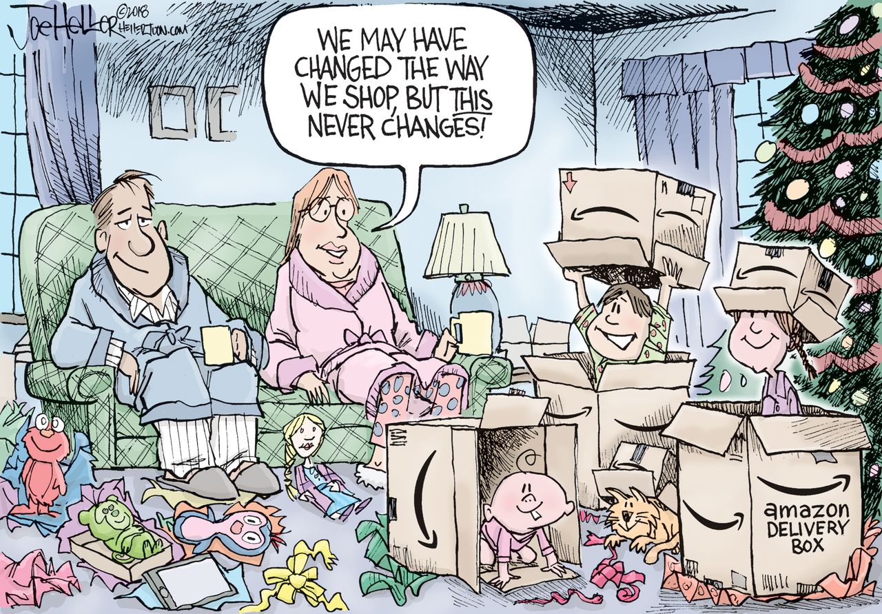 Editorial cartoon U.S. Amazon online shopping Christmas morning gifts children