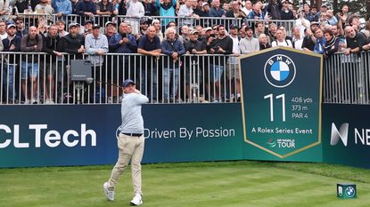 Rory McIlroy tees off at the 11th hole at Wentworth during the 2026 BMW PGA Championship