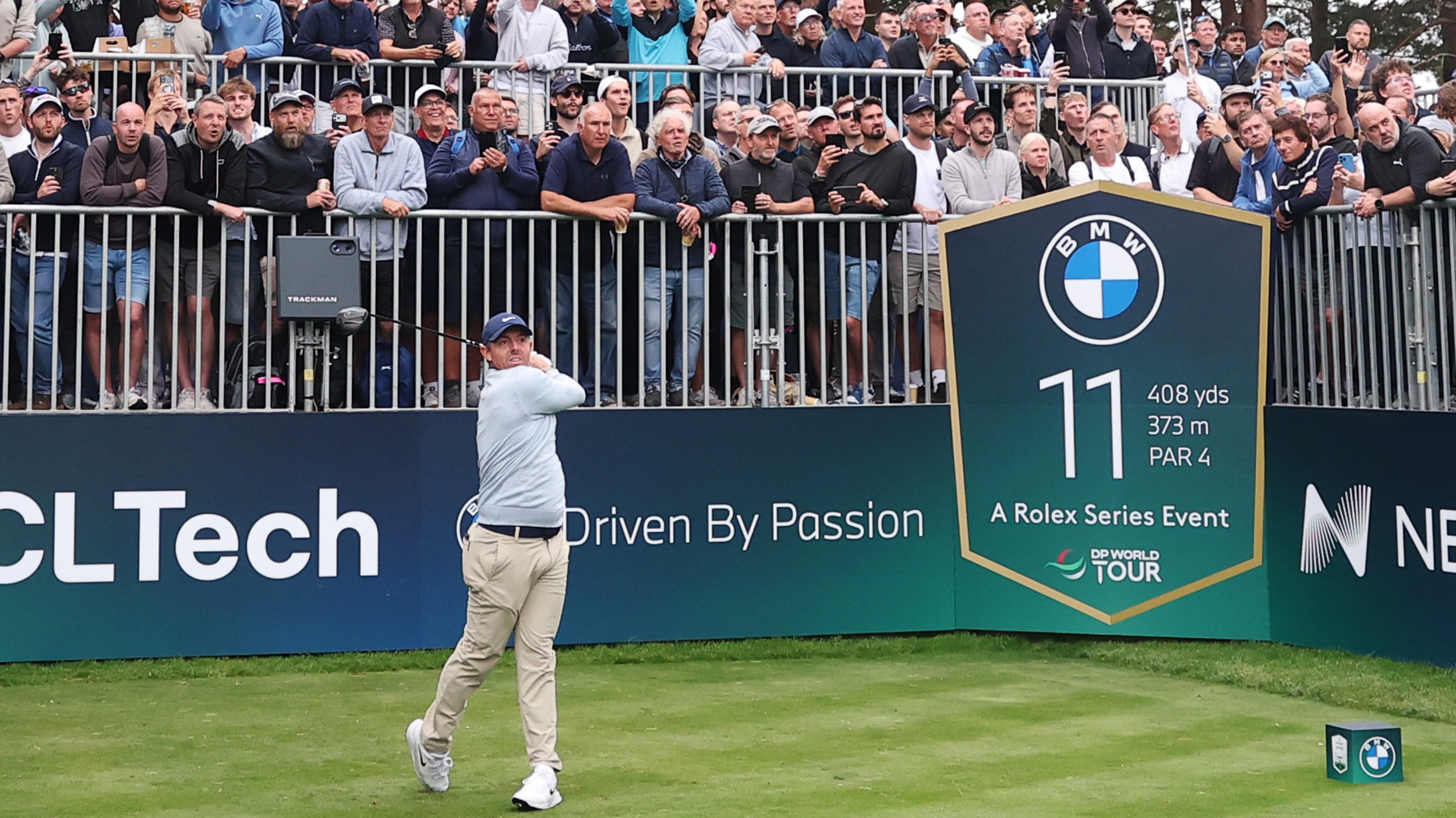 Rory McIlroy tees off at the 11th hole at Wentworth during the 2026 BMW PGA Championship
