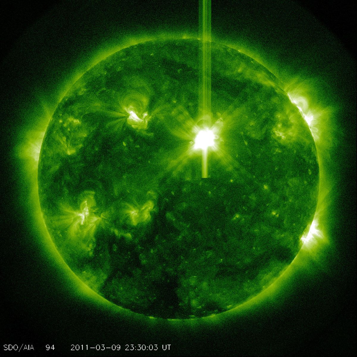 The sun unleashed a powerful Class X1.5 solar flare on March 9, 2011, a solar storm that could supercharge Earth&#039;s auroras. The flare was recorded by NASA&#039;s Solar Dynamics Observatory and other spacecraft. Here, it appears in white at the upper right of t