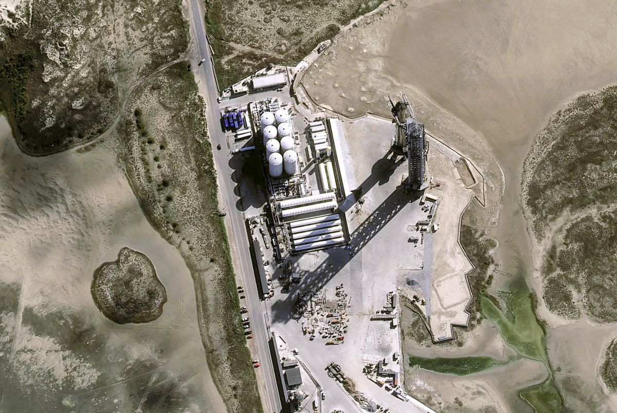 An Airbus Pléiades Neo satellite captured this view of SpaceX&#039;s stacked Starship prototype on its orbital launch mount in South Texas. Airbus posted this photo on Twitter on Jan. 12, 2023.