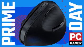 Razer vertical mouse on a blue Prime Day banner with the PC Gamer logo.