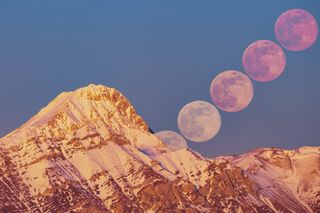 a time-lapse photograph showing the moon rising over snow covered mountains