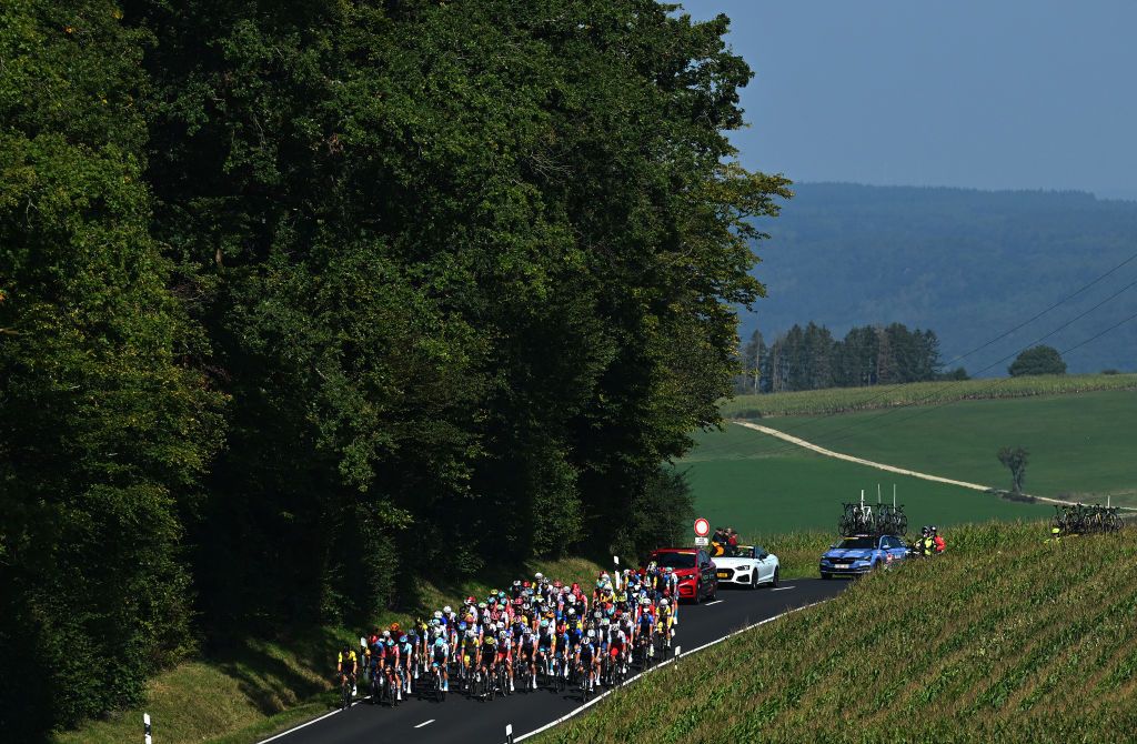 DIEKIRCH LUXEMBOURG SEPTEMBER 20 A general view of the peloton passing through a landscape during the 84th Tour de Luxembourg 2024 Stage 3 a 2013km stage from Rosport to Diekirch UCIWT on September 20 2024 in Diekirch Luxembourg Photo by Tim de WaeleGetty Images