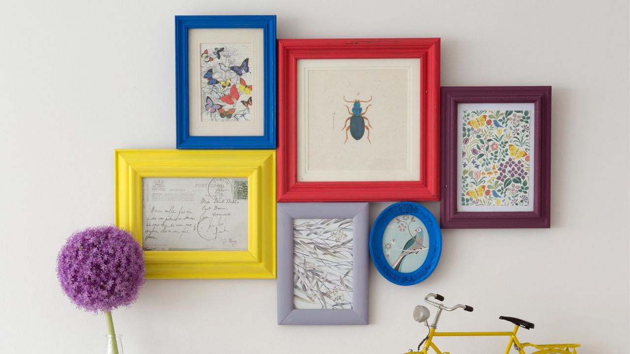 A gallery wall with multi-coloured picture frames