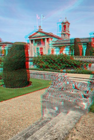 A 3D anaglyph of a stately home and garden