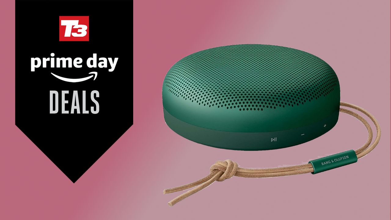 The Bang &amp; Olufsen Beosound A1 (2nd Gen) in green on a red background