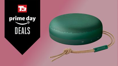 The Bang & Olufsen Beosound A1 (2nd Gen) in green on a red background
