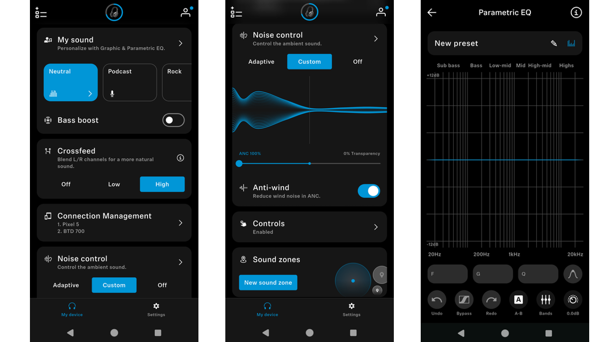 Smartphone screenshots showing Sennheiser app settings