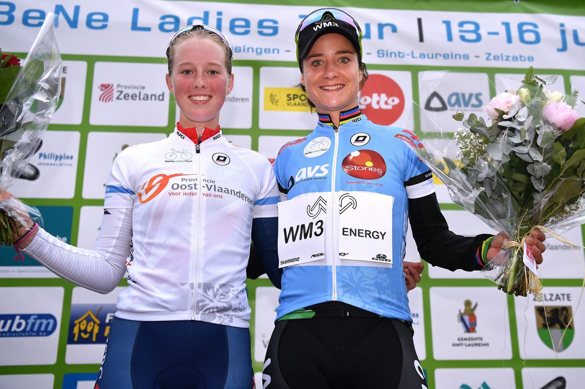 Alie Barnes, best young rider, and Marianne Vos (WM3 Pro Cycling) in the blue leader's jersey