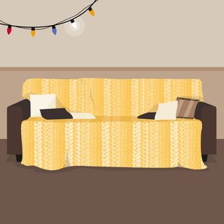 sofa set with grey and brown wall with yellow cover and lights