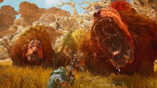 A screenshot of three huge monsters facing a player in Monster Hunter Wilds.