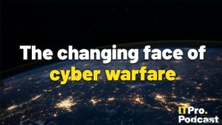 The words 'The changing face of cyber warfare', with 'cyber warfare' in yellow and the rest in white against a dark satellite view of Earth with city lights glowing and ITPro Podcast logo in the corner