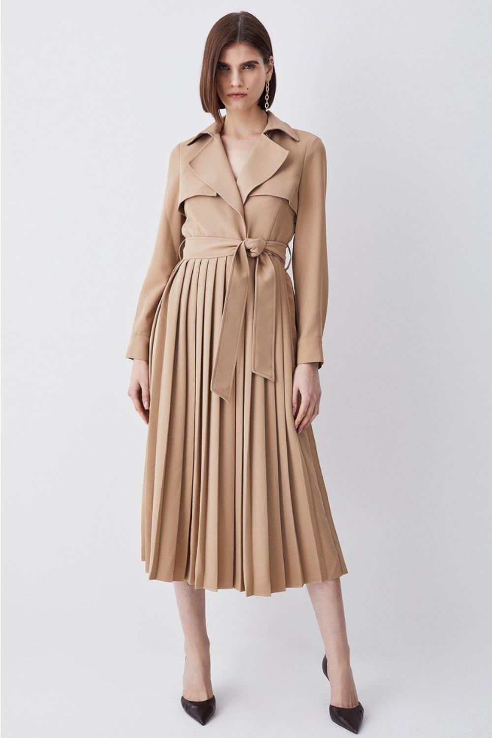 Karen Millen Long Sleeve Woven Pleated Midi Trench Dress
