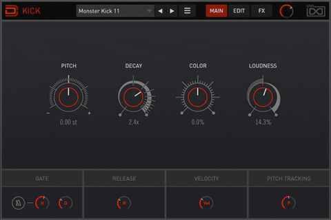 Kick splits the sound into Body and Tone sections and lets you select individual sounds for each component, adjust their pitch, gain, pan, keytracking, and LP and HP filters independently. 