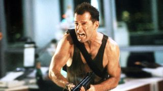 Bruce Willis screaming and running with a gun in Die Hard