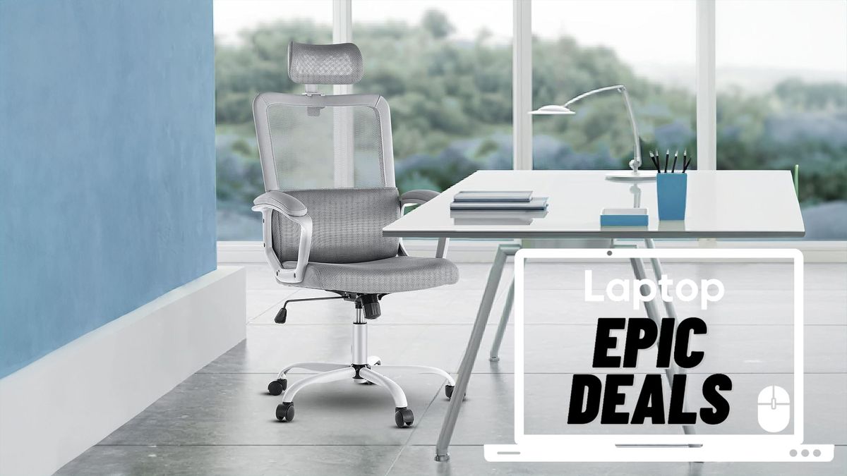 Smug office desk computer chair at a glass desk by a large window with a &quot;Laptop Epic Deals&quot; badge in the lower-right corner