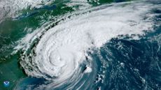 NOAA&rsquo;s GOES East satellite captured this view of the strong Category 1 storm at 8:20 a.m. EDT, just 15 minutes before the center of Hurricane Dorian moved across the barrier islands of Cape Hatteras.