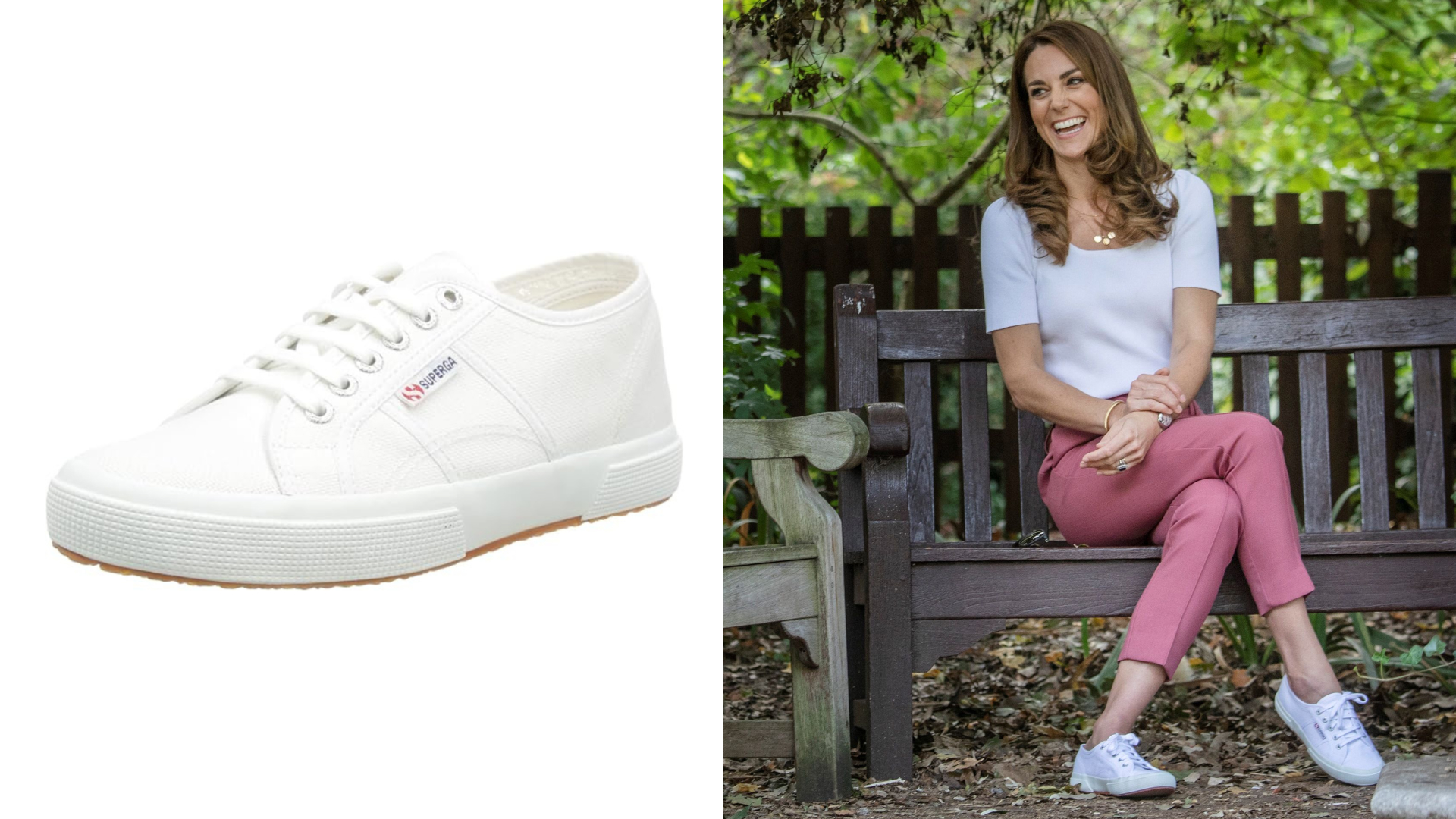 White Superga sneakers; Kate Middleton sitting on a bench in pink pants and a white top