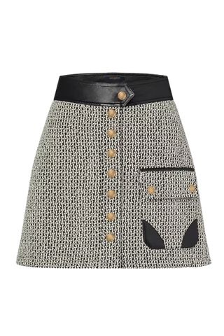 Leather Trim Graphic Tweed Mini Skirt 