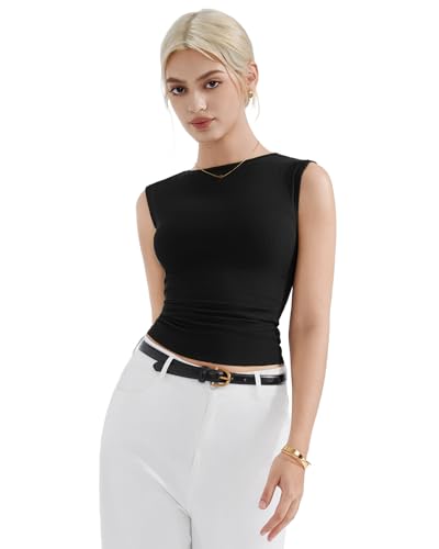 Suuksess Women Cotton Ribbed Tank Tops 2025 Boat Neck Sleevelss Basic Summer T Shirts (black, M)