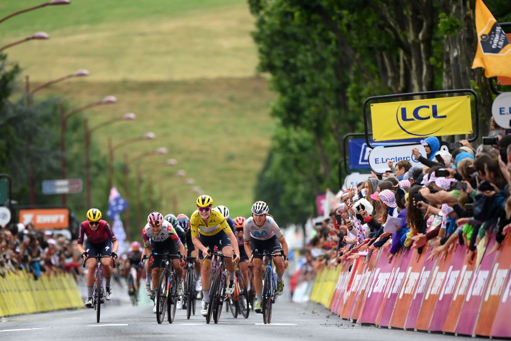 MAURIAC FRANCE JULY 24 LR Silvia Persico of Italy and UAE Team ADQ Lotte Kopecky of Belgium and Team SD Worx Protime Yellow leader jersey and Liane Lippert of Germany and Movistar Team sprint at finish line during the 2nd Tour de France Femmes 2023 Stage 2 a 1517km stage from ClermontFerrand to Mauriac UCIWWT on July 24 2023 in Mauriac France Photo by Alex BroadwayGetty Images