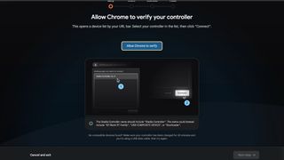 The Stadia Controller firmware browser tool: "Allow Chrome to verify your controller" instructions.