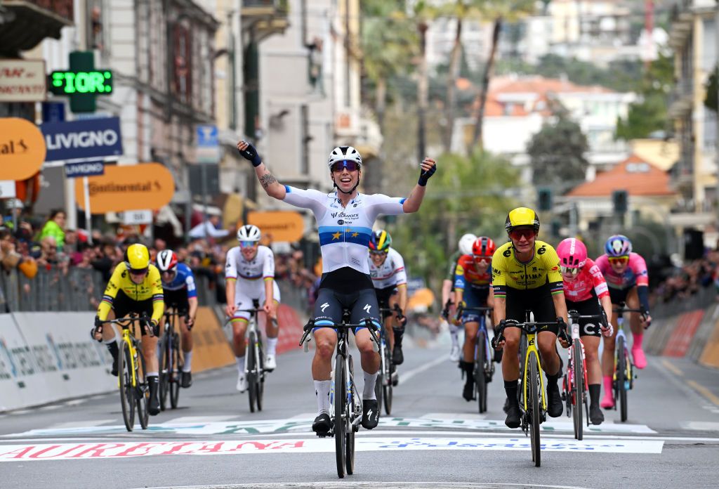 SANREMO ITALY MARCH 22 LR Lorena Wiebes of Netherlands and Team SD Worx Protime celebrates at finish line as race winner ahead of Marianne Vos of Netherlands and Team Visma Lease a Bike during the 1st Sanremo Women 2025 a 156km one day race from Genova to Sanremo UCIWWT on March 22 2025 in Sanremo Italy Photo by Tim de WaeleGetty Images