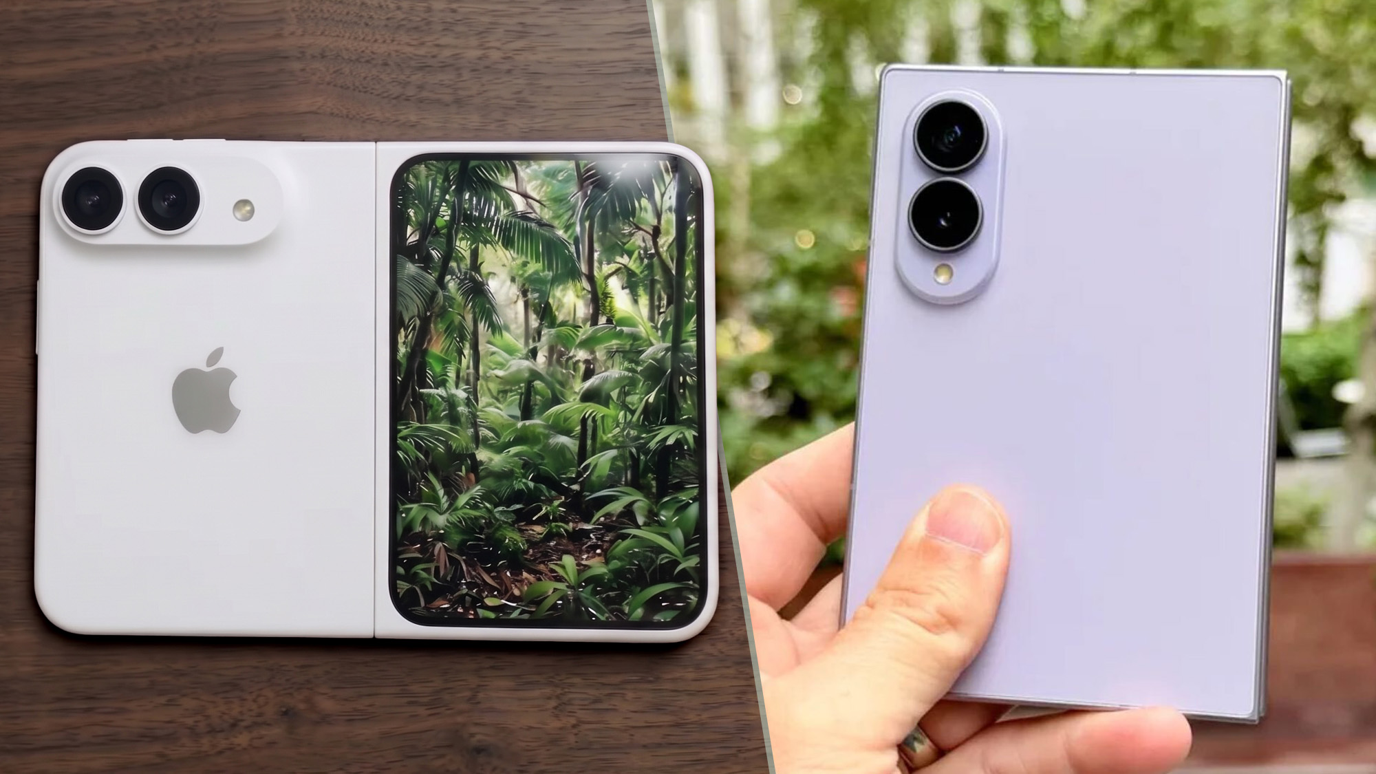 Concept art for a foldable iPhone and the Galaxy Z Fold 8 shown in hand