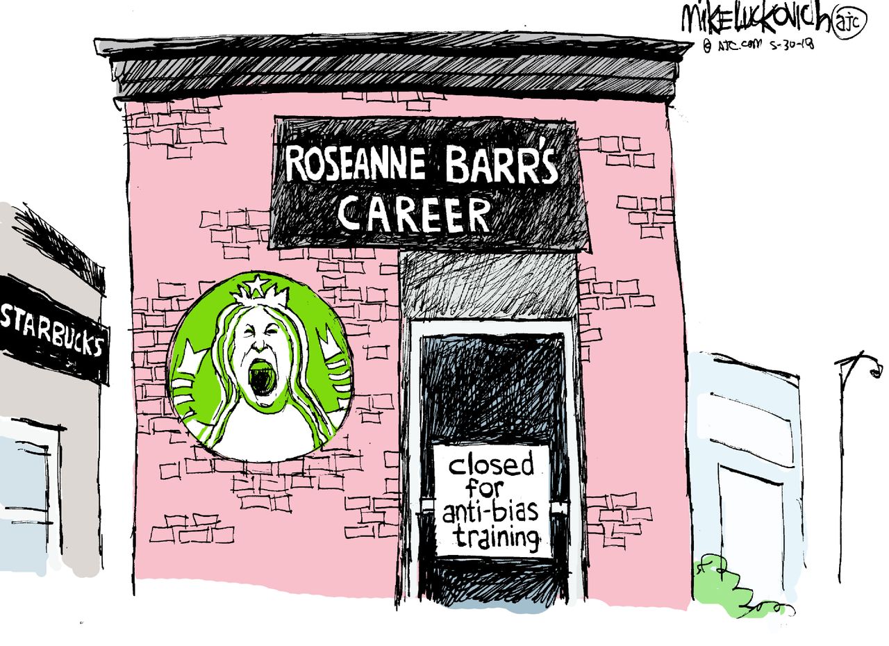 Editorial cartoon U.S. Roseanne cancellation Starbucks anti bias training