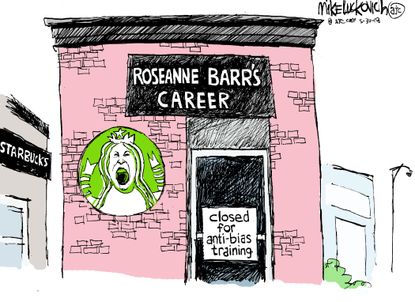 Editorial cartoon U.S. Roseanne cancellation Starbucks anti bias training