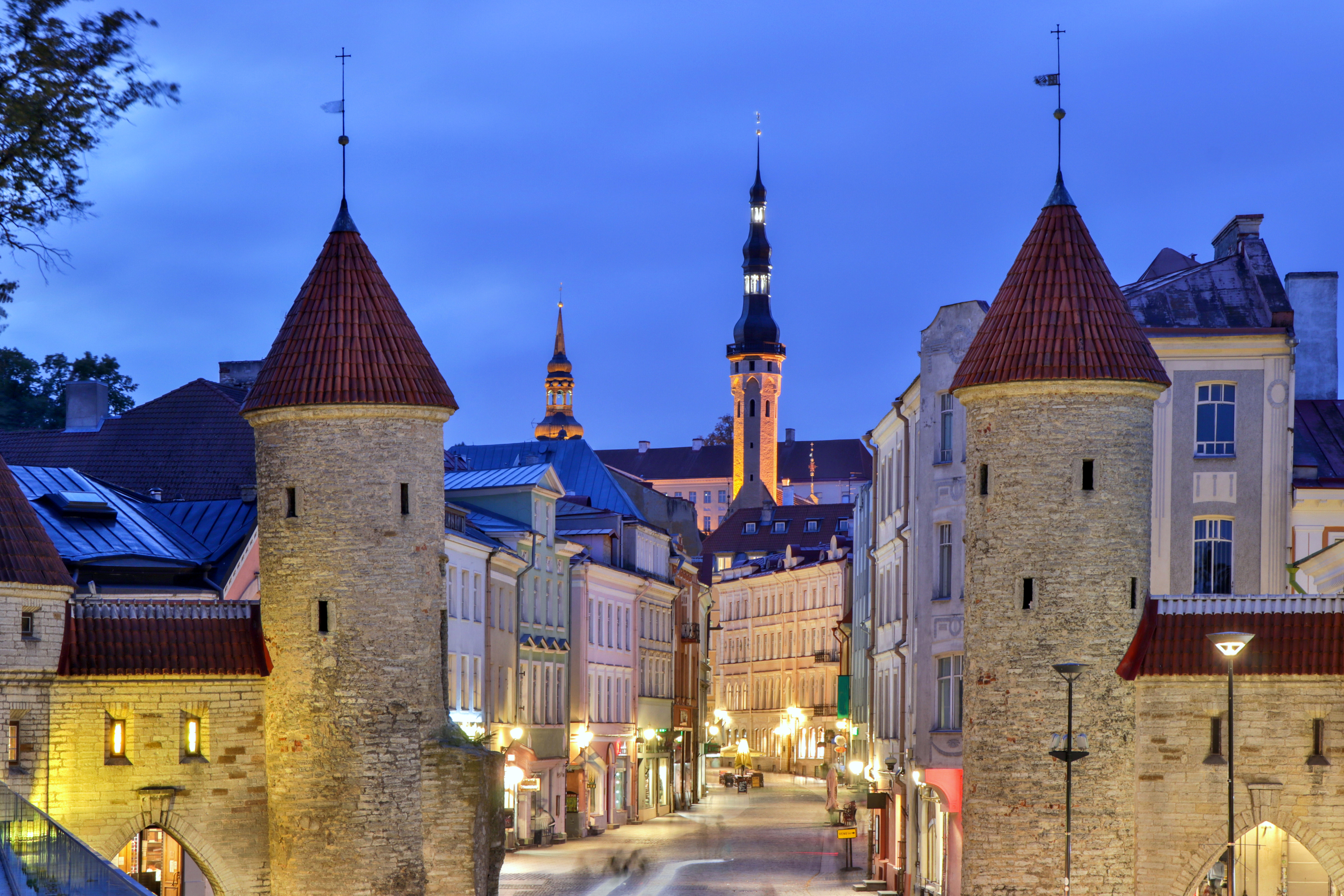 Viru Gate at night in Tallinn, Estonia
