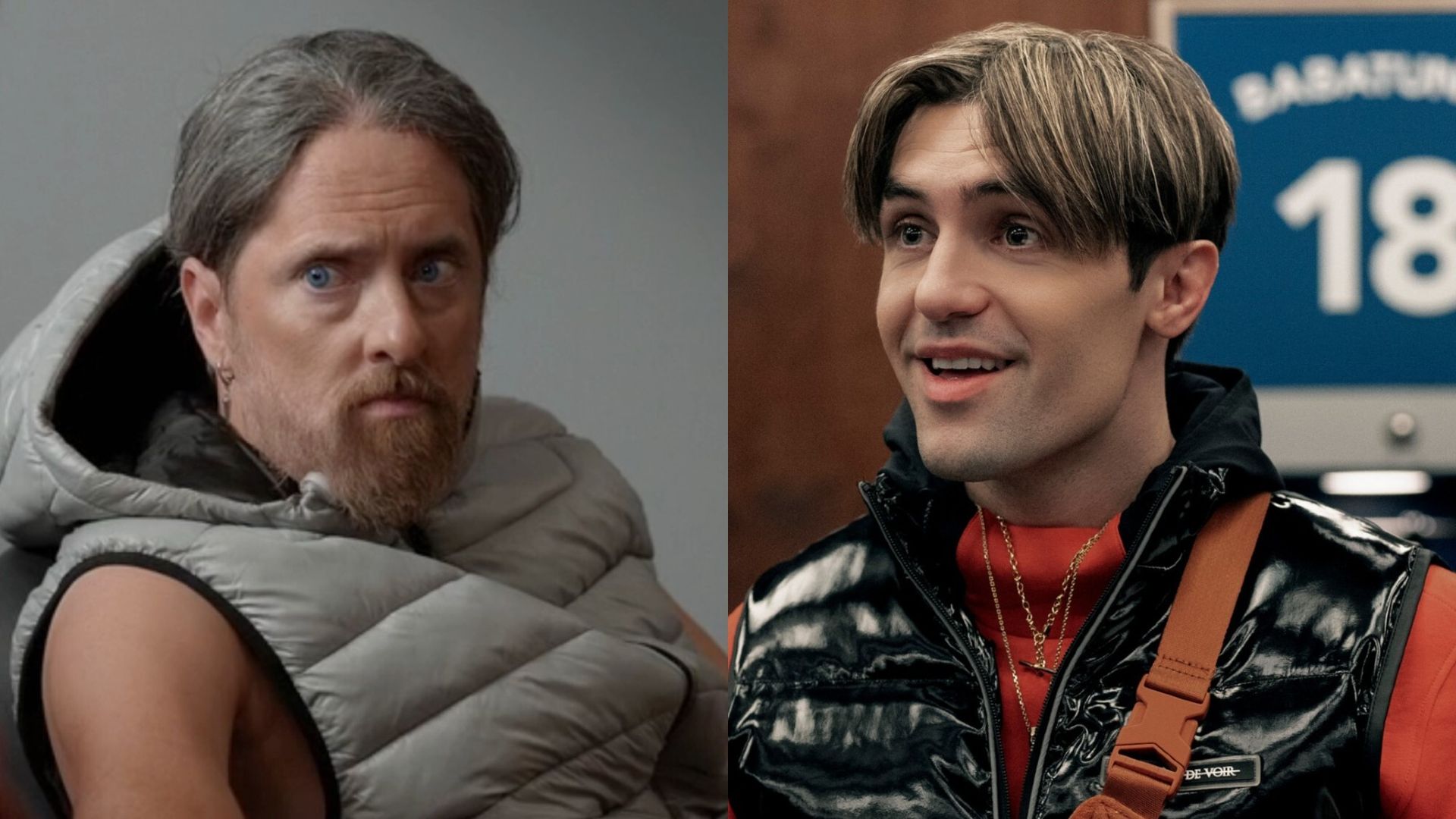 A screenshot of Brendan Hunt as Coach Beard in a side by side press image of Phil Dunster as Jamie Tartt in Ted Lasso.