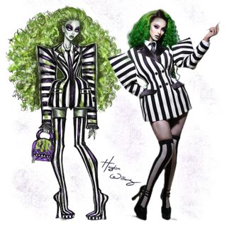 Hayden Williams interview; a fashion illustration next to the final outfit on a model