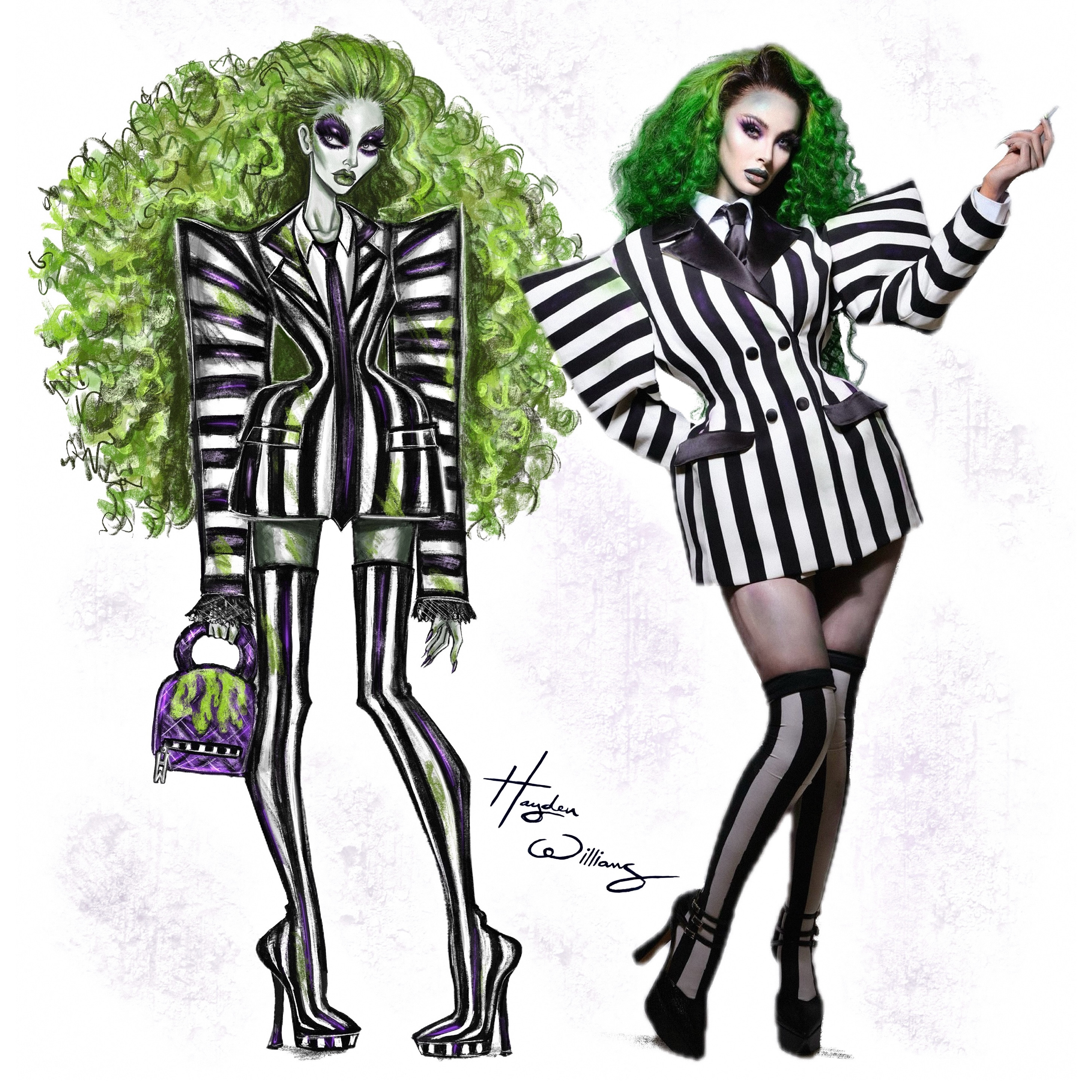 Hayden Williams interview; a fashion illustration next to the final outfit on a model