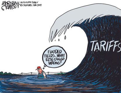 Political Cartoon U.S. Trump trade war tariffs china flooded fields