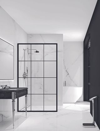 modern monochrome bathroom with walk in shower with Crittal style door