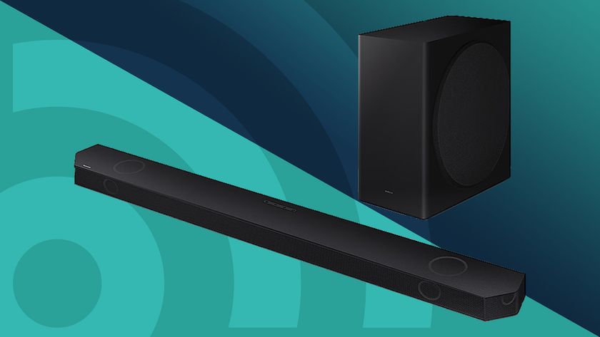 The Samsung Q800C soundbar on a cyan background